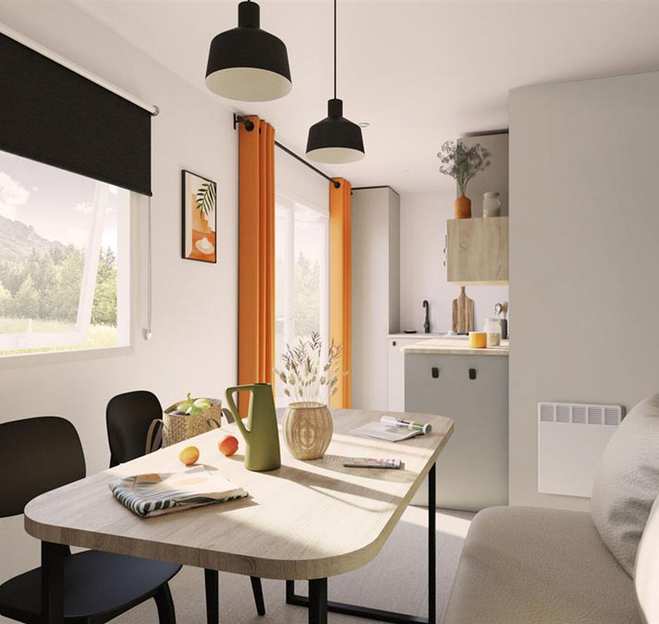 Moderne woonkamer cottage voor 2 personen met televisie en comfortabele bank - Camping pomme de pin