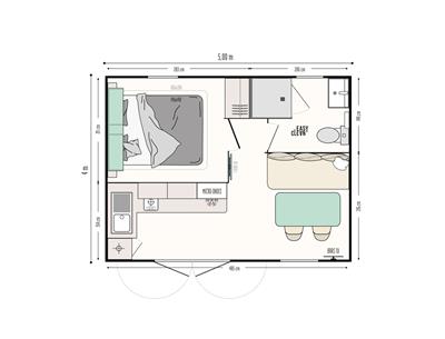 Plattegrond van het huisje Cahita Riviera 2 personen 4 bloemen van IRM 