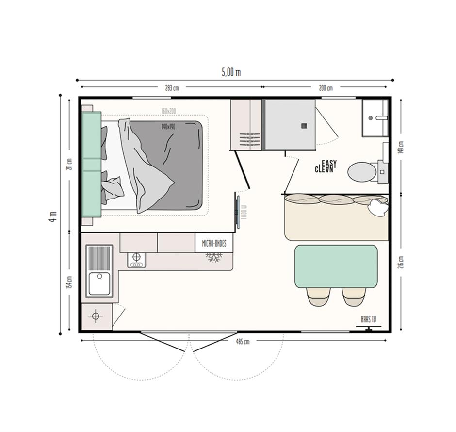 Plattegrond van het huisje Cahita Riviera 2 personen 4 bloemen van IRM  - Camping pomme de pin