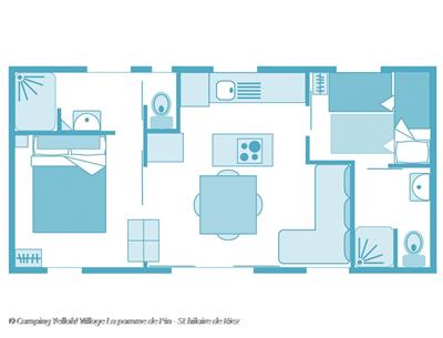Plattegrond stacaravan cottage 4 bloemen 5-sterrencamping met zwembad en strand 