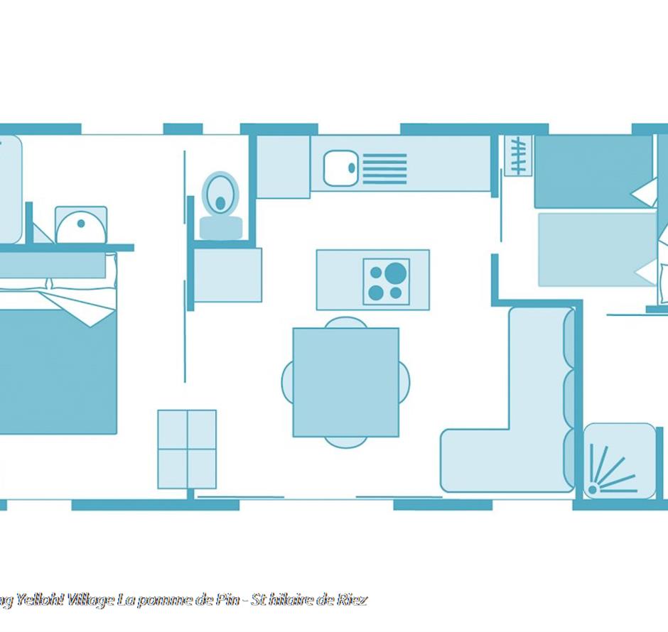 Plattegrond stacaravan cottage 4 bloemen 5-sterrencamping met zwembad en strand  - Camping pomme de pin